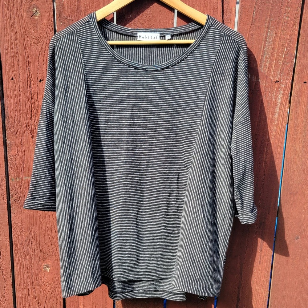 Habitat Black Striped 95% Linen 3/4 Sleeve Top Sz M Capsule Wardrobe Lagenlook
